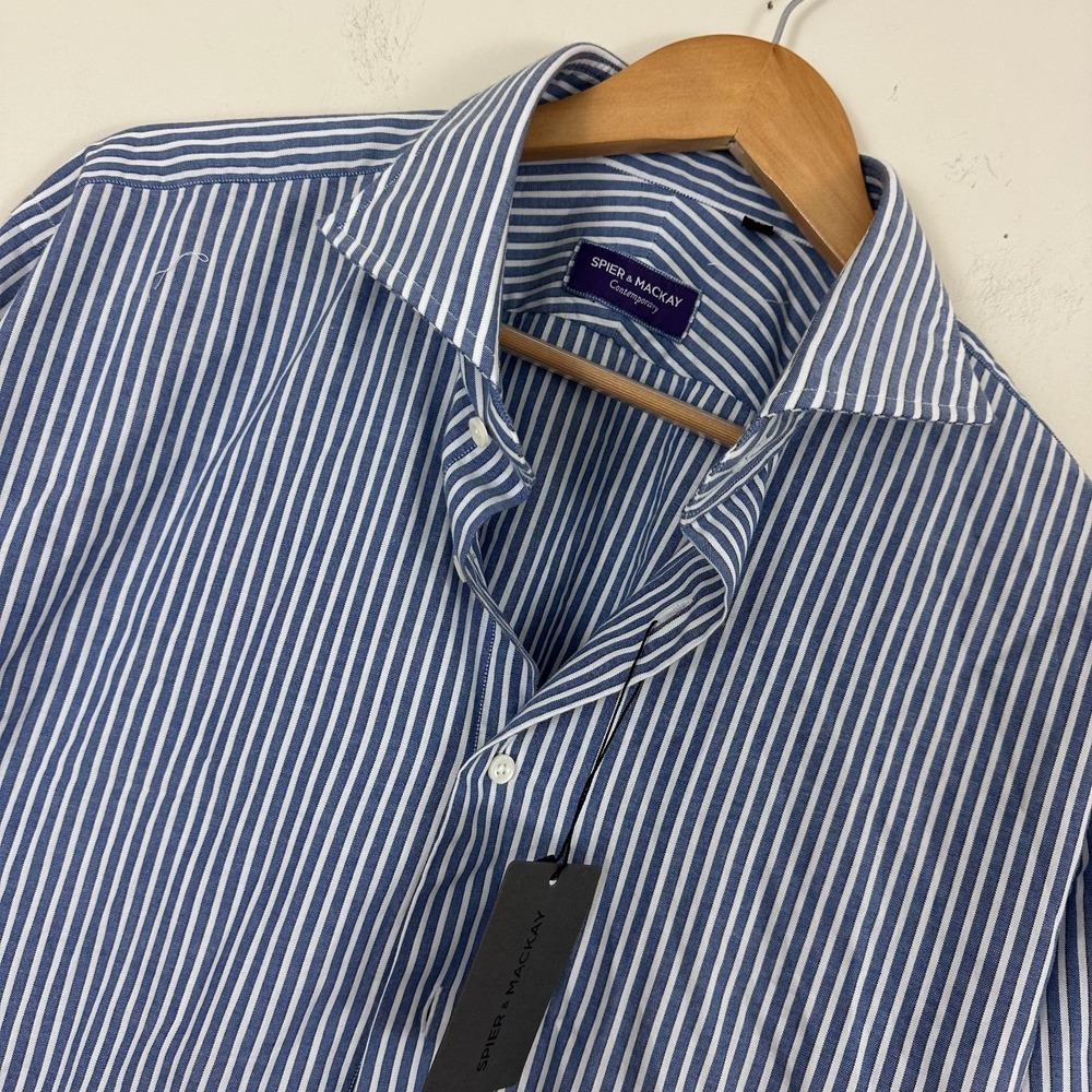 Spier & Mackay Melange Dress Shirt White Blue Striped Button Up Mens 17.5-35